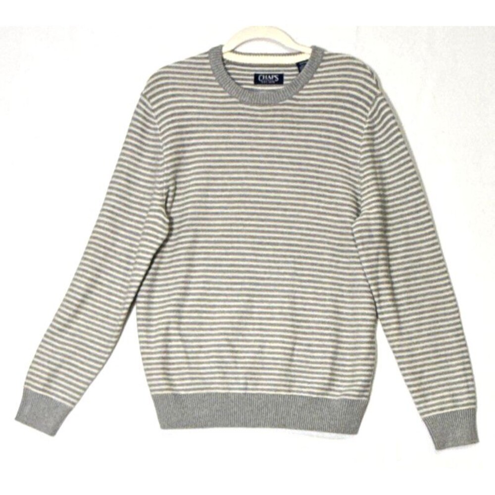 Chaps NWT Mens SM Gray/White Striped Crew Neck Knit Cotton Sweater Casual Preppy
